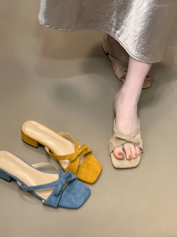 Bowknot Slip-On Sandals, 2025 French Square-Toe Chunky Heel Evening Shoes for Women, Stylish Cool Slippers Bowknot Slip-On Sandals, 2025 French Square-Toe Chunky Heel Evening Shoes for Women, Stylish Cool Slippers