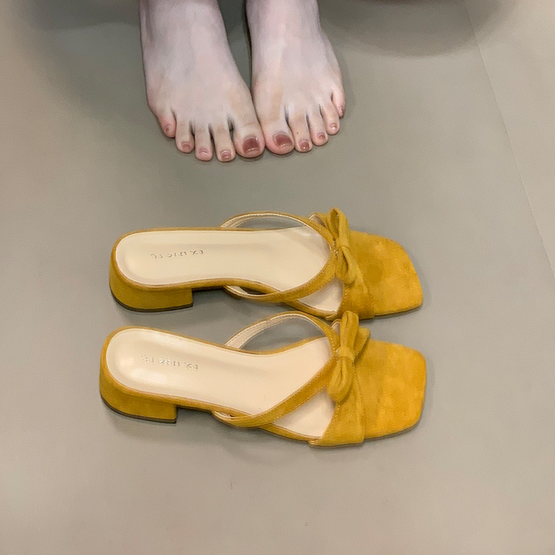 Bowknot Slip-On Sandals, 2025 French Square-Toe Chunky Heel Evening Shoes for Women, Stylish Cool Slippers