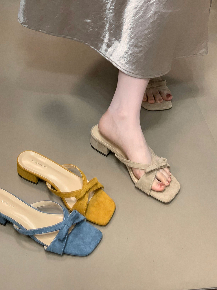 Bowknot Slip-On Sandals, 2025 French Square-Toe Chunky Heel Evening Shoes for Women, Stylish Cool Slippers