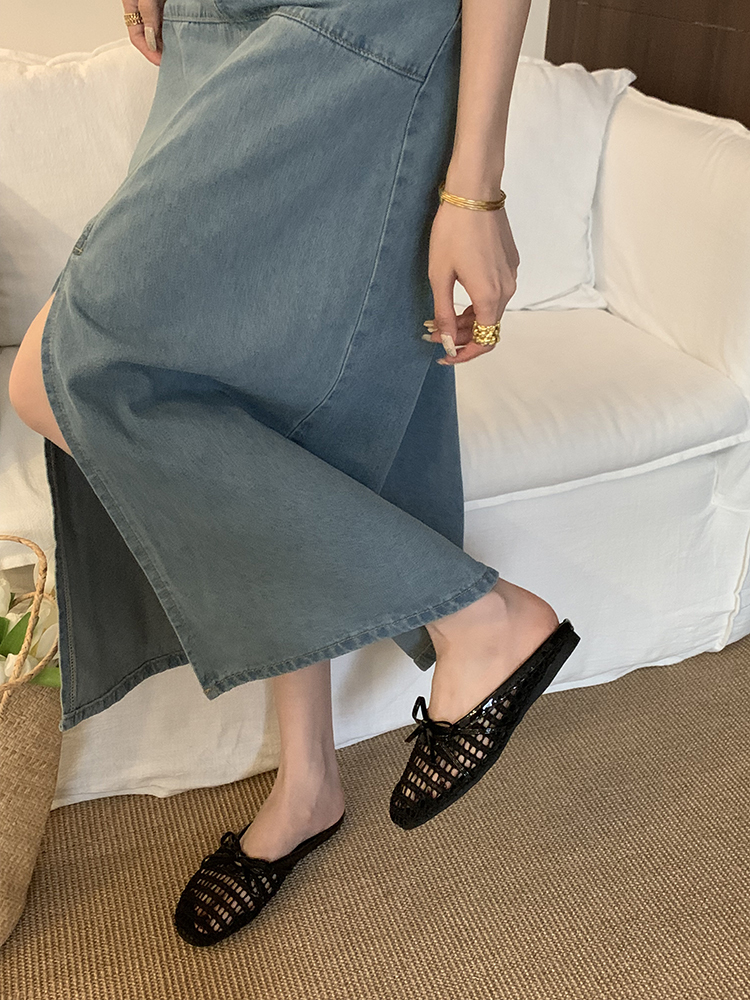 Breathable Hollow-Out Open-Toe Half Slippers for Women - Spring Summer Beach Sandals with French Bow Flats