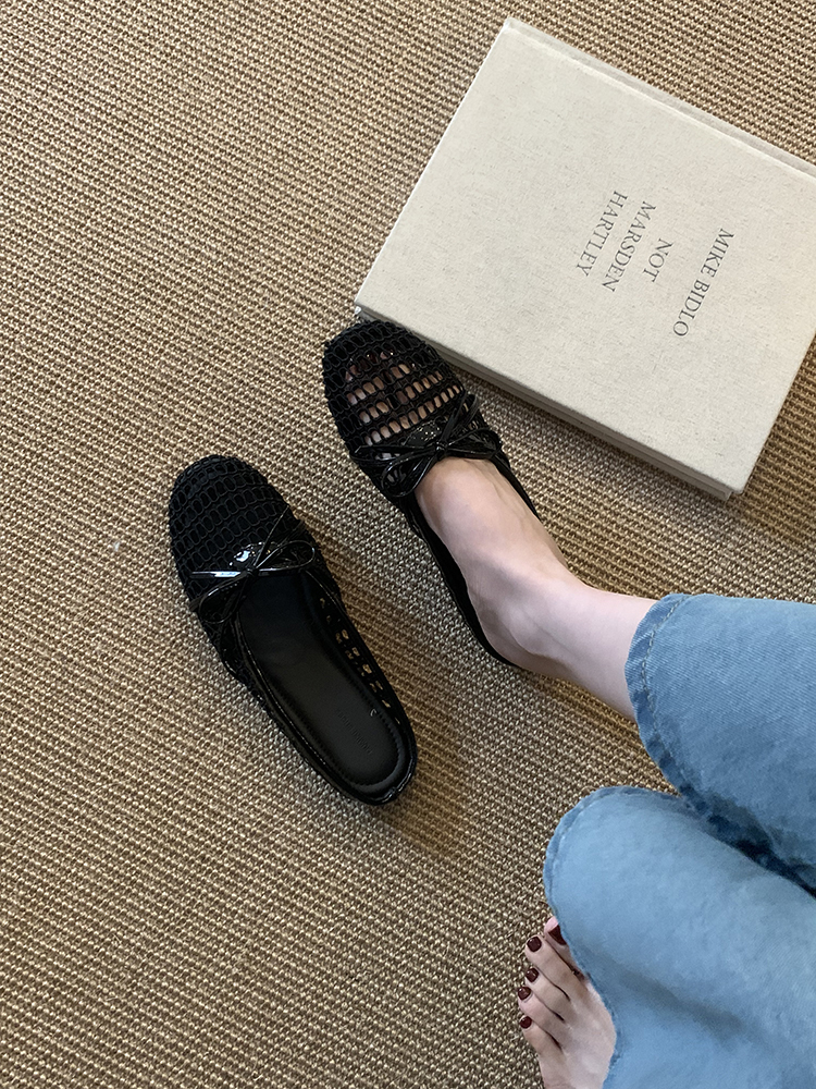 Breathable Hollow-Out Open-Toe Half Slippers for Women - Spring Summer Beach Sandals with French Bow Flats