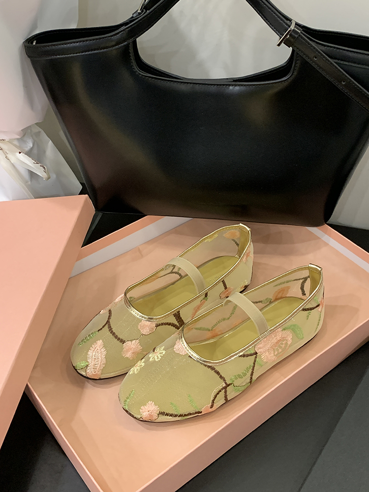 Breathable Mesh Mary Jane Shoes for Women - Golden Chinese-Style Bow Ballet Flats, Perfect for Early Spring Fashion