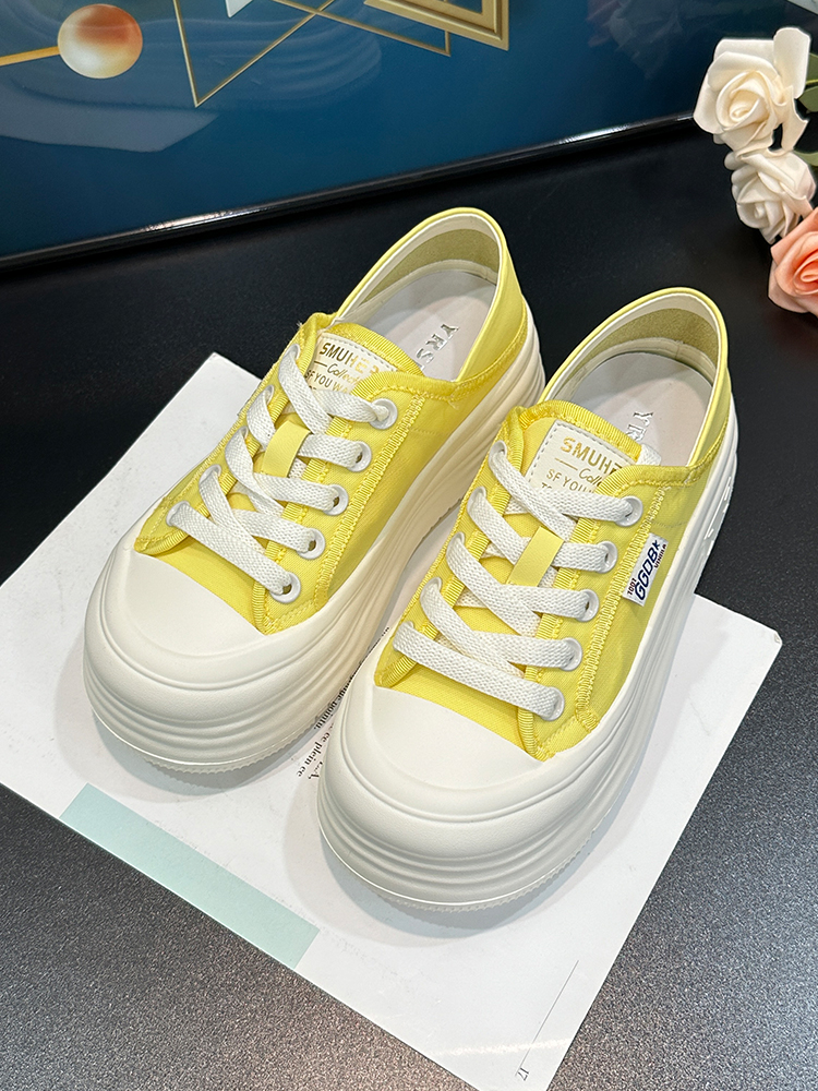 Breathable Mesh White Sneakers for Women - 2025 Summer Korean Style Yellow Thick-Soled Height-Increasing Casual Sports Shoes