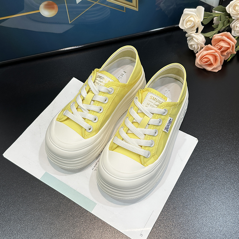Breathable Mesh White Sneakers for Women - 2025 Summer Korean Style Yellow Thick-Soled Height-Increasing Casual Sports Shoes