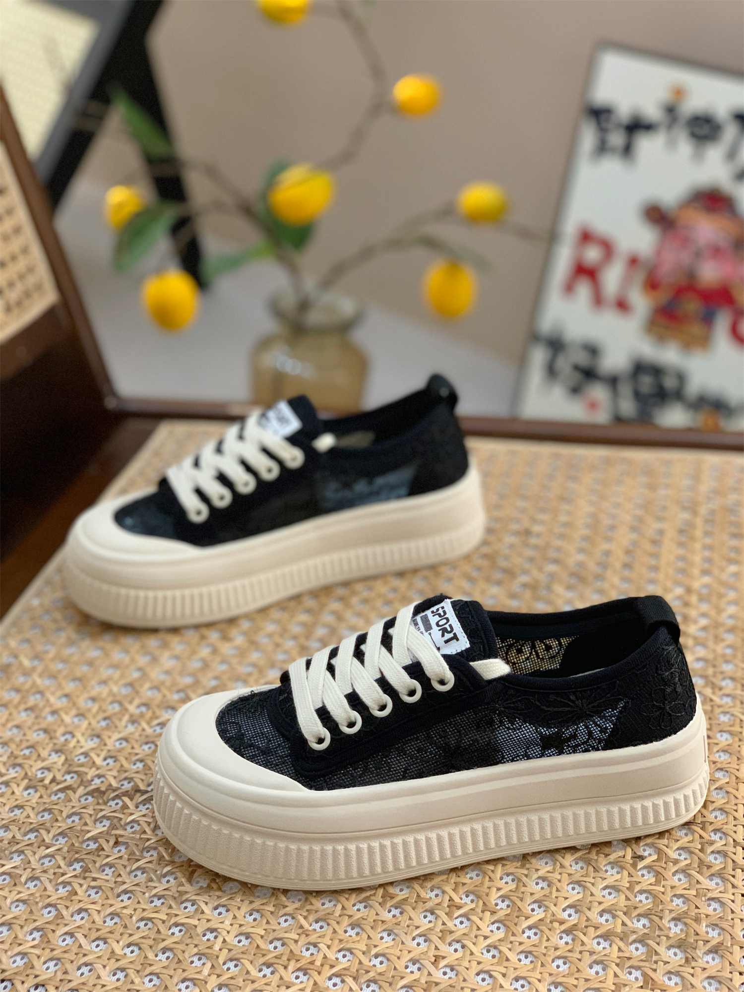 Breathable White Mesh Lace-Up Shoes for Women - Summer 2025 Thick-Soled Biscuit Style for Skirts and Casual Outfits