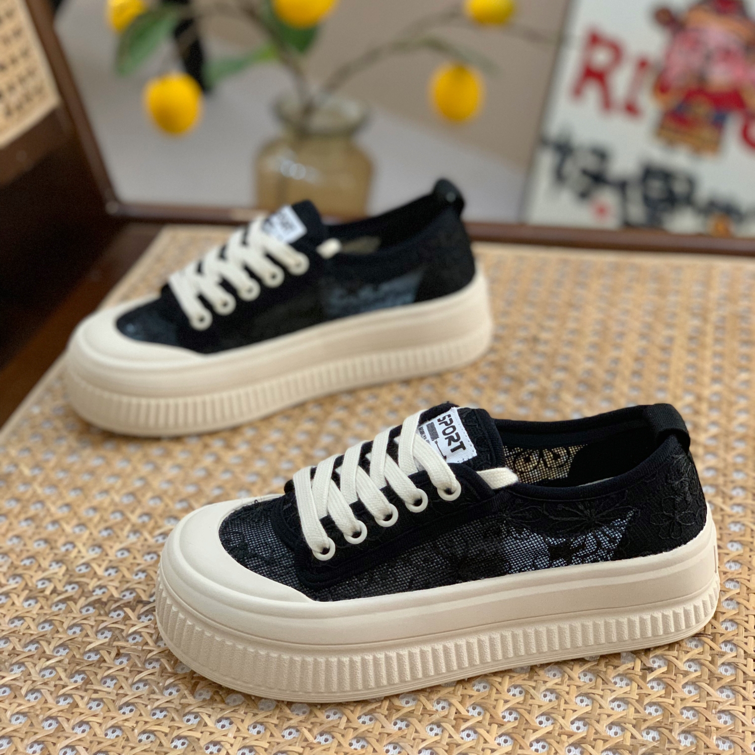 Breathable White Mesh Lace-Up Shoes for Women - Summer 2025 Thick-Soled Biscuit Style for Skirts and Casual Outfits