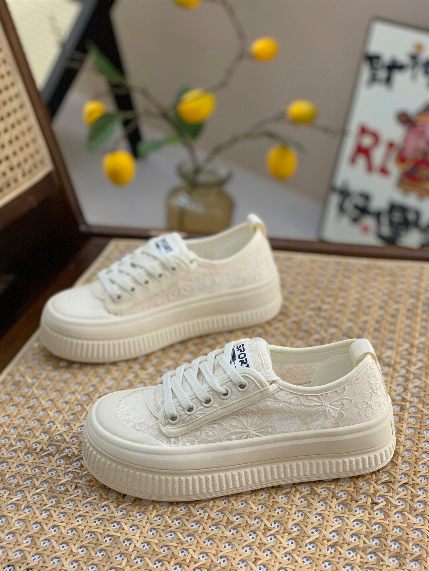 Breathable White Mesh Lace-Up Shoes for Women - Summer 2025 Thick-Soled Biscuit Style for Skirts and Casual Outfits Breathable White Mesh Lace-Up Shoes for Women - Summer 2025 Thick-Soled Biscuit Style for Skirts and Casual Outfits