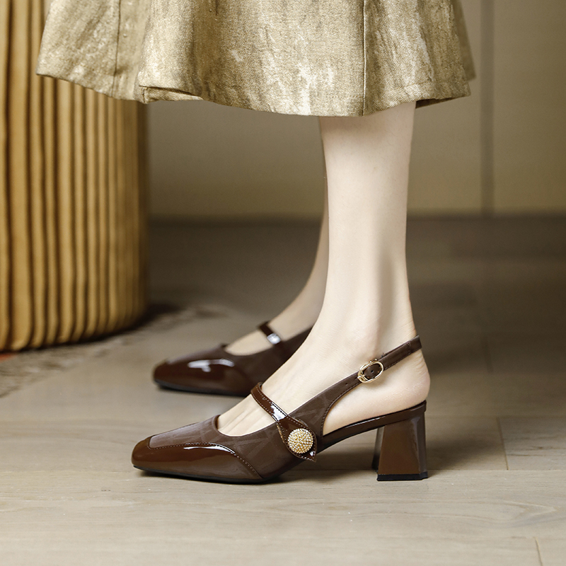 Brown Backless Closed-Toe Mid-Heel Chunky Sandals for Women - Retro French Style Summer 2025 Heels