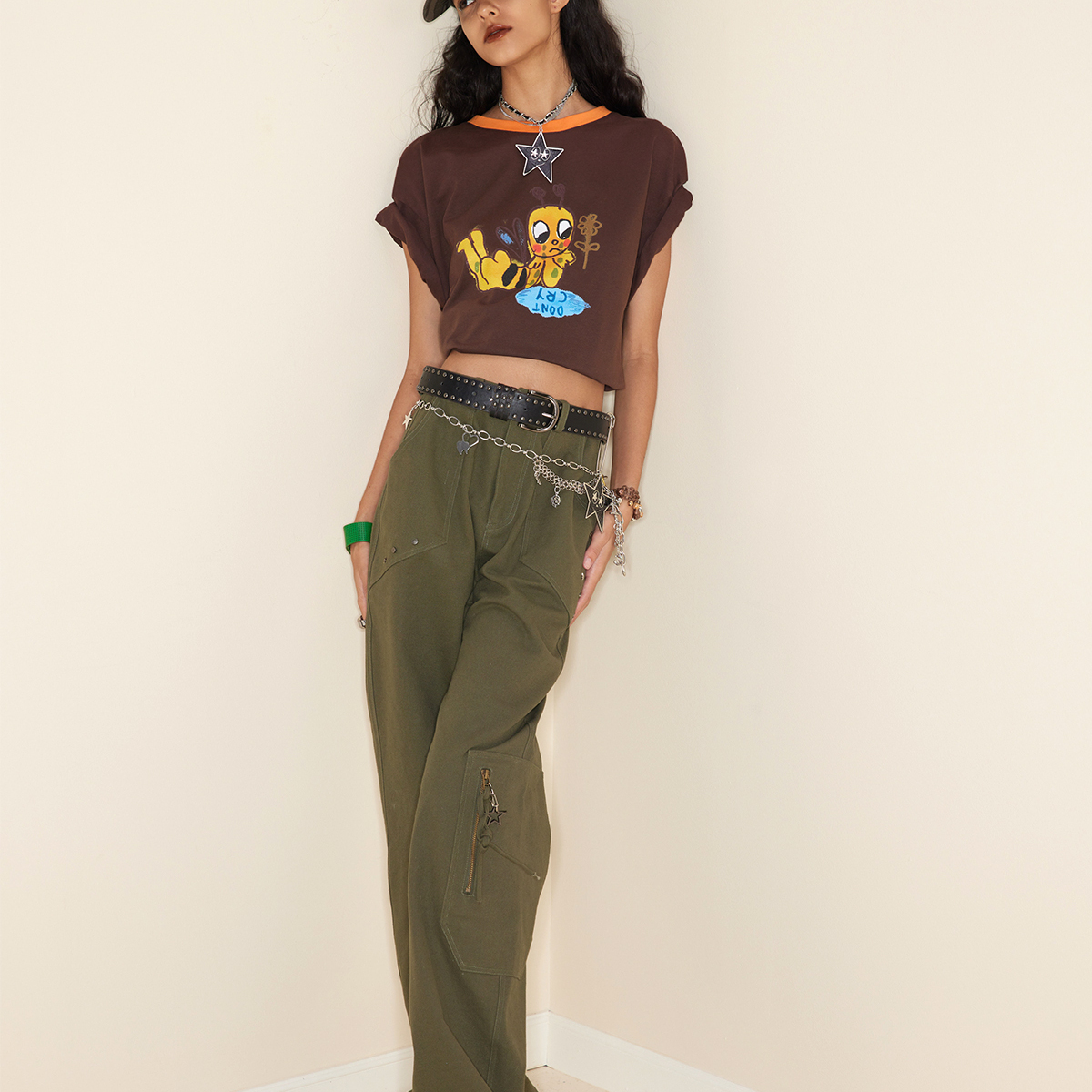 Brown Color-Block Printed Round Neck Short Sleeve Cotton T-Shirt - Artist Original, 90s Style Fashion Top