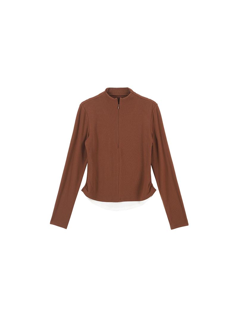 Brown Fake Two-Piece Half-High Collar Long Sleeve T-Shirt for Women - Spring Korean Style Versatile Slim Fit Base Top Brown Fake Two-Piece Half-High Collar Long Sleeve T-Shirt for Women - Spring Korean Style Versatile Slim Fit Base Top