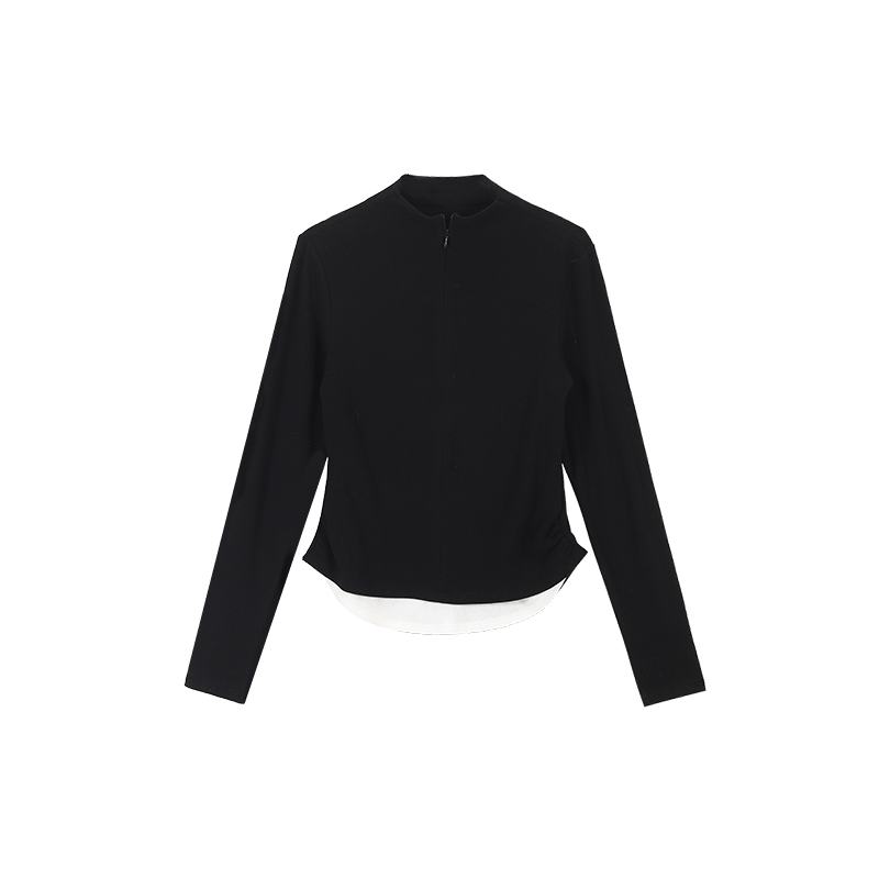 Brown Fake Two-Piece Half-High Collar Long Sleeve T-Shirt for Women - Spring Korean Style Versatile Slim Fit Base Top