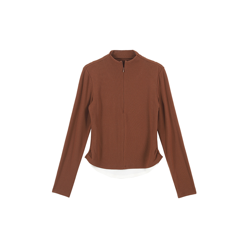 Brown Fake Two-Piece Half-High Collar Long Sleeve T-Shirt for Women - Spring Korean Style Versatile Slim Fit Base Top Brown Fake Two-Piece Half-High Collar Long Sleeve T-Shirt for Women - Spring Korean Style Versatile Slim Fit Base Top