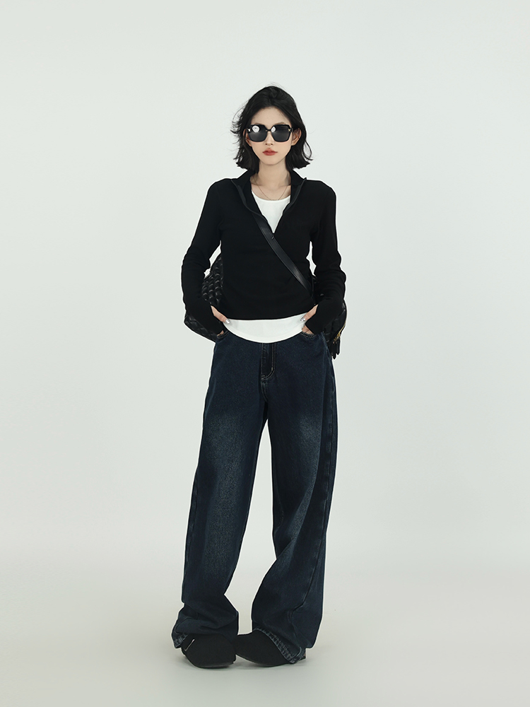 Brown Fake Two-Piece Half-High Collar Long Sleeve T-Shirt for Women - Spring Korean Style Versatile Slim Fit Base Top