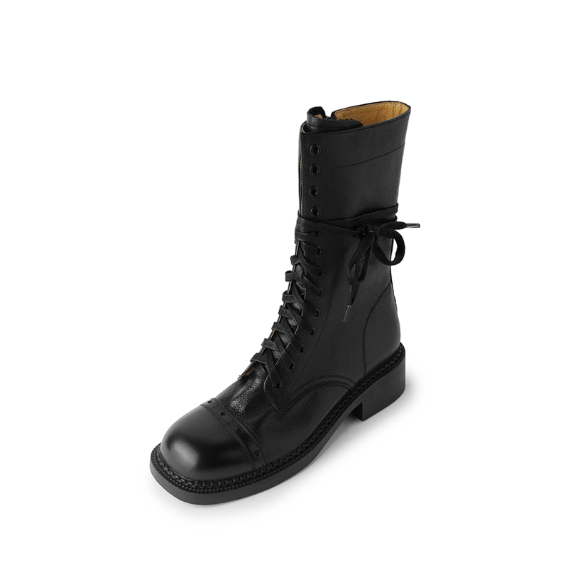 Brown Genuine Leather Women's Mid-Calf Lace-Up Martin Boots - Stylish Western Motorcycle Short Boots for a Chic 90s Look