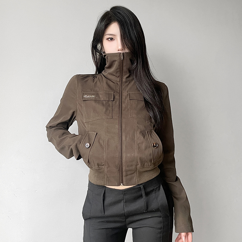 Brown Stand Collar Vintage Motorcycle Jacket - Casual Autumn Winter Short Jacket with Pockets - Versatile 90s Inspired Style Brown Stand Collar Vintage Motorcycle Jacket - Casual Autumn Winter Short Jacket with Pockets - Versatile 90s Inspired Style