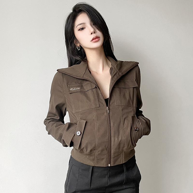 Brown Stand Collar Vintage Motorcycle Jacket - Casual Autumn Winter Short Jacket with Pockets - Versatile 90s Inspired Style