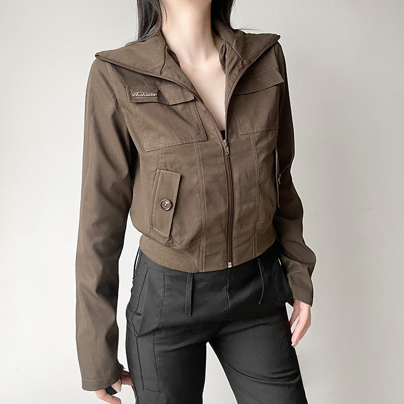 Brown Stand Collar Vintage Motorcycle Jacket - Casual Autumn Winter Short Jacket with Pockets - Versatile 90s Inspired Style Brown Stand Collar Vintage Motorcycle Jacket - Casual Autumn Winter Short Jacket with Pockets - Versatile 90s Inspired Style