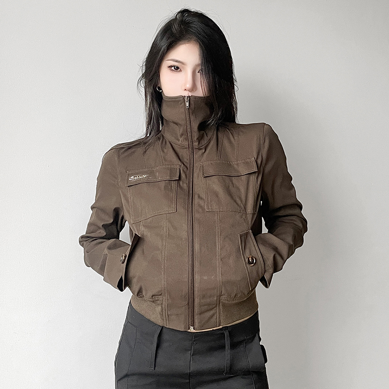 Brown Stand Collar Vintage Motorcycle Jacket - Casual Autumn Winter Short Jacket with Pockets - Versatile 90s Inspired Style