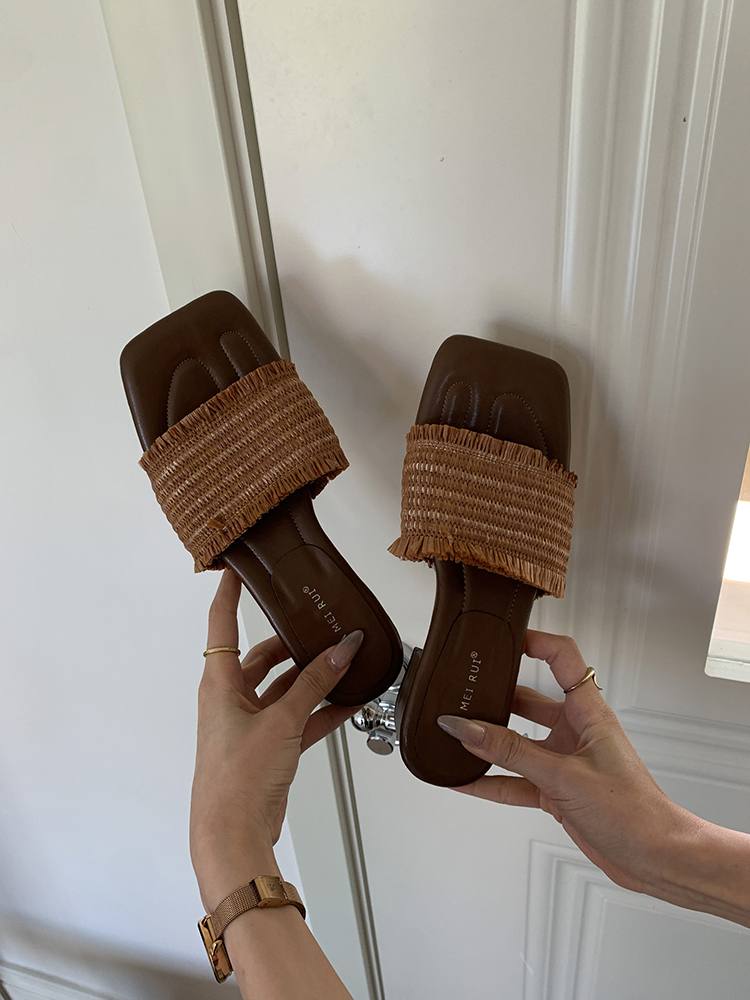 Brown Tassel Woven Slip-On Sandals for Women - Vintage Summer Style 2025, Perfect for Skirts and Casual Outfits