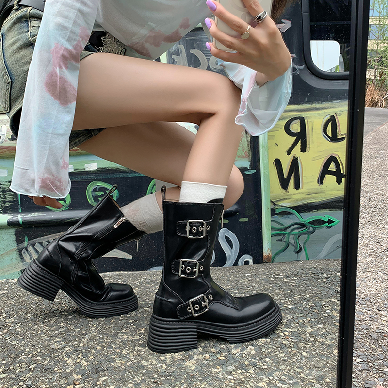 Brown Thick-Soled Mid-Calf Martin Boots with Belt Buckle - Trendy Knight Style Short Boots for Women, Perfect for Spicy Girl Outfits