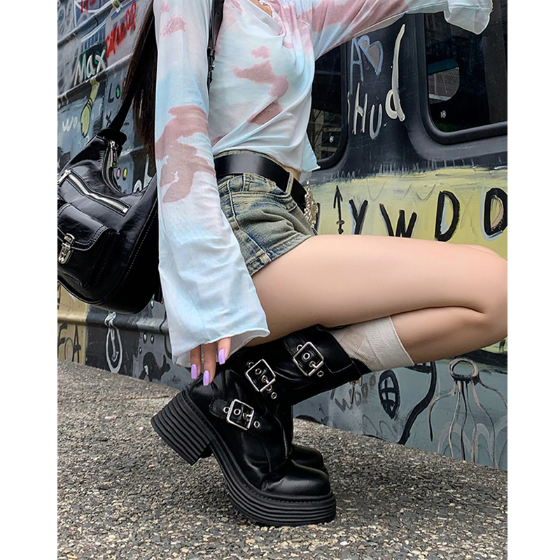 Brown Thick-Soled Mid-Calf Martin Boots with Belt Buckle - Trendy Knight Style Short Boots for Women, Perfect for Spicy Girl Outfits