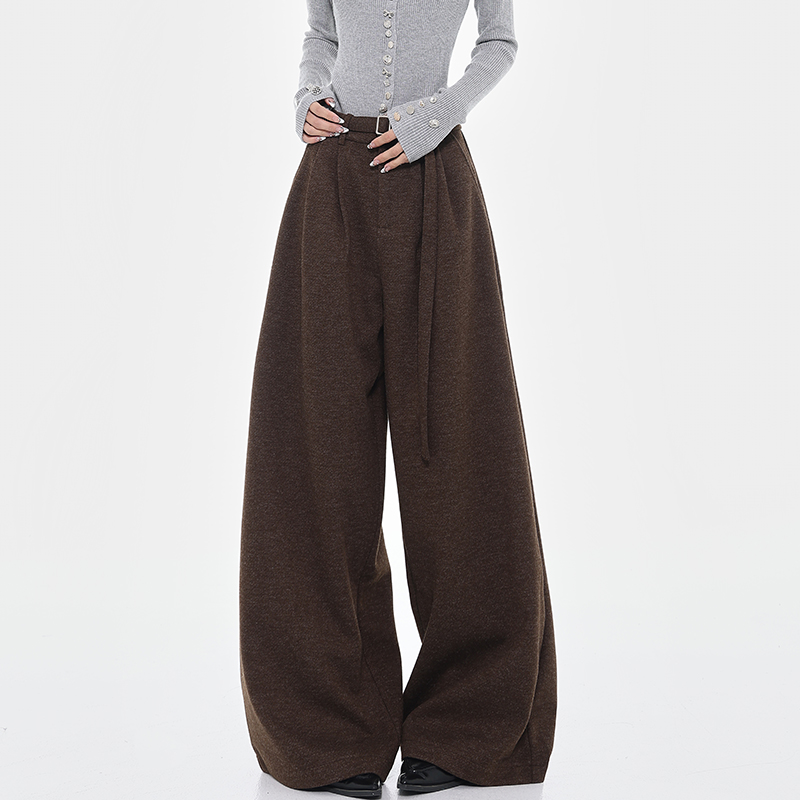 Brown Thick Woolen Wide-Leg Suit Pants for Women - Autumn/Winter Loose Draped Casual Trousers, Y2K Inspired Fashion Brown Thick Woolen Wide-Leg Suit Pants for Women - Autumn/Winter Loose Draped Casual Trousers, Y2K Inspired Fashion