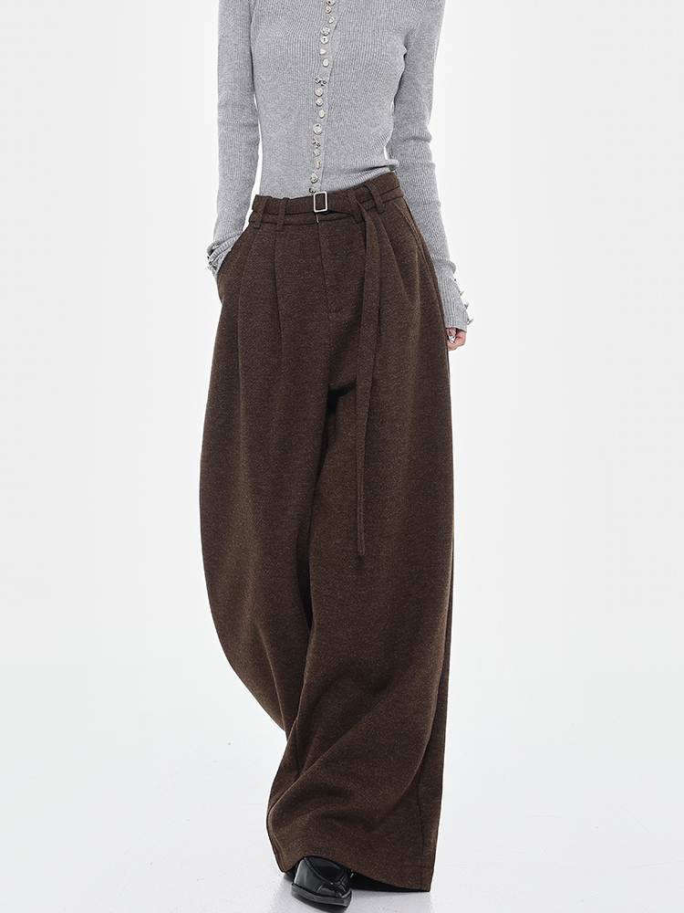 Brown Thick Woolen Wide-Leg Suit Pants for Women - Autumn/Winter Loose Draped Casual Trousers, Y2K Inspired Fashion Brown Thick Woolen Wide-Leg Suit Pants for Women - Autumn/Winter Loose Draped Casual Trousers, Y2K Inspired Fashion