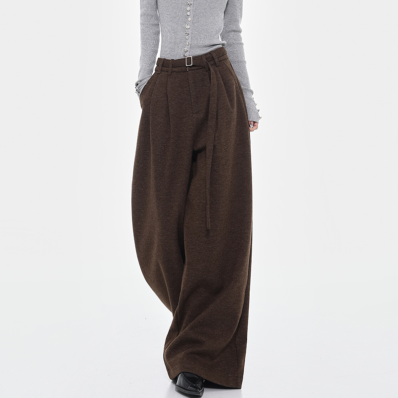 Brown Thick Woolen Wide-Leg Suit Pants for Women - Autumn/Winter Loose Draped Casual Trousers, Y2K Inspired Fashion