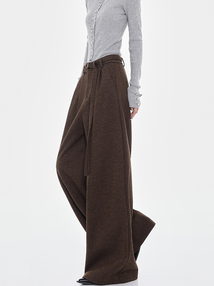 Brown Thick Woolen Wide-Leg Suit Pants for Women - Autumn/Winter Loose Draped Casual Trousers, Y2K Inspired Fashion
