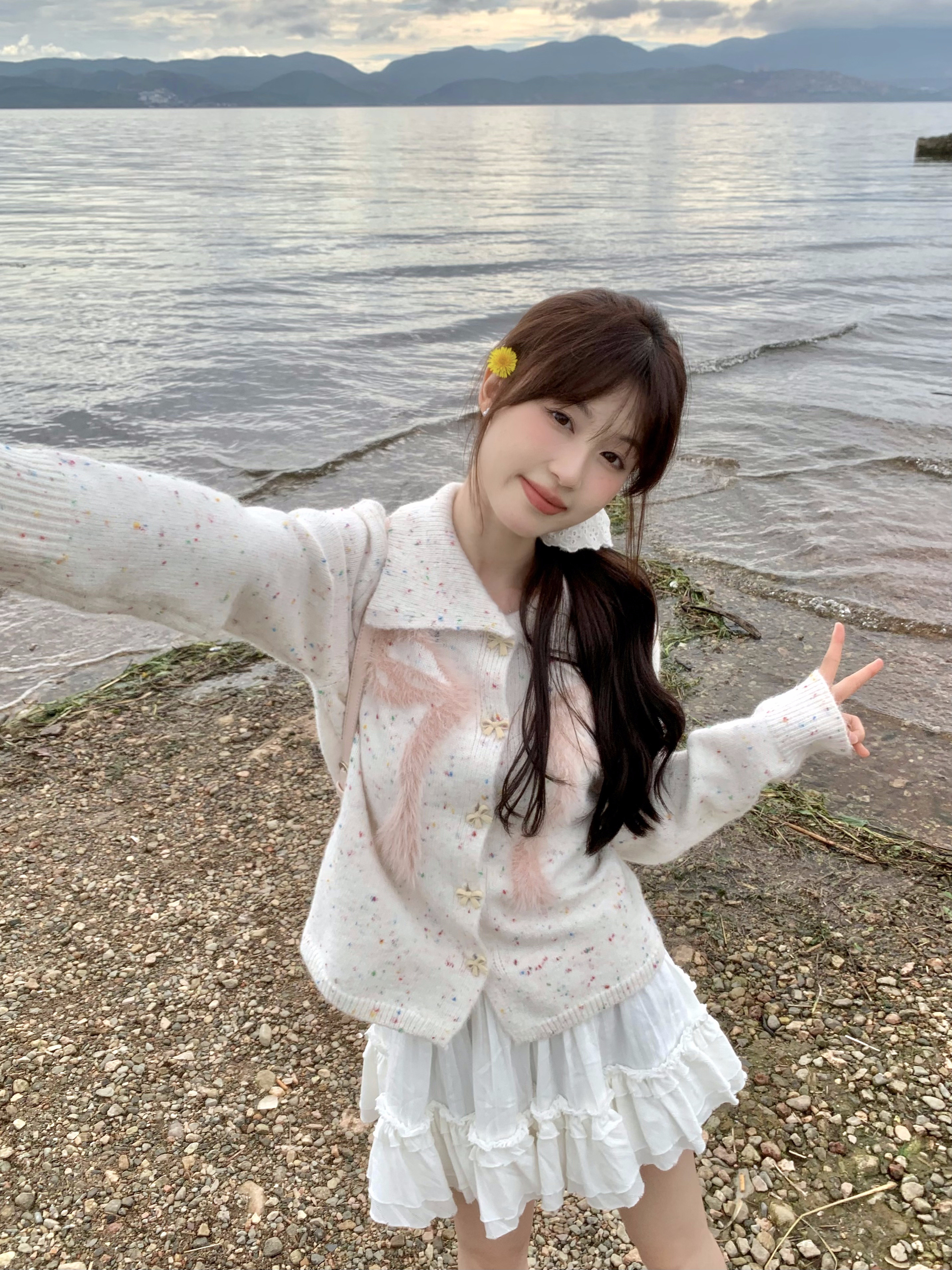 Butterfly Knot Rainbow Polka Dot Short Knitted Coat for Women, Large Lapel Autumn Cardigan, Cute Y2K Style Outerwear