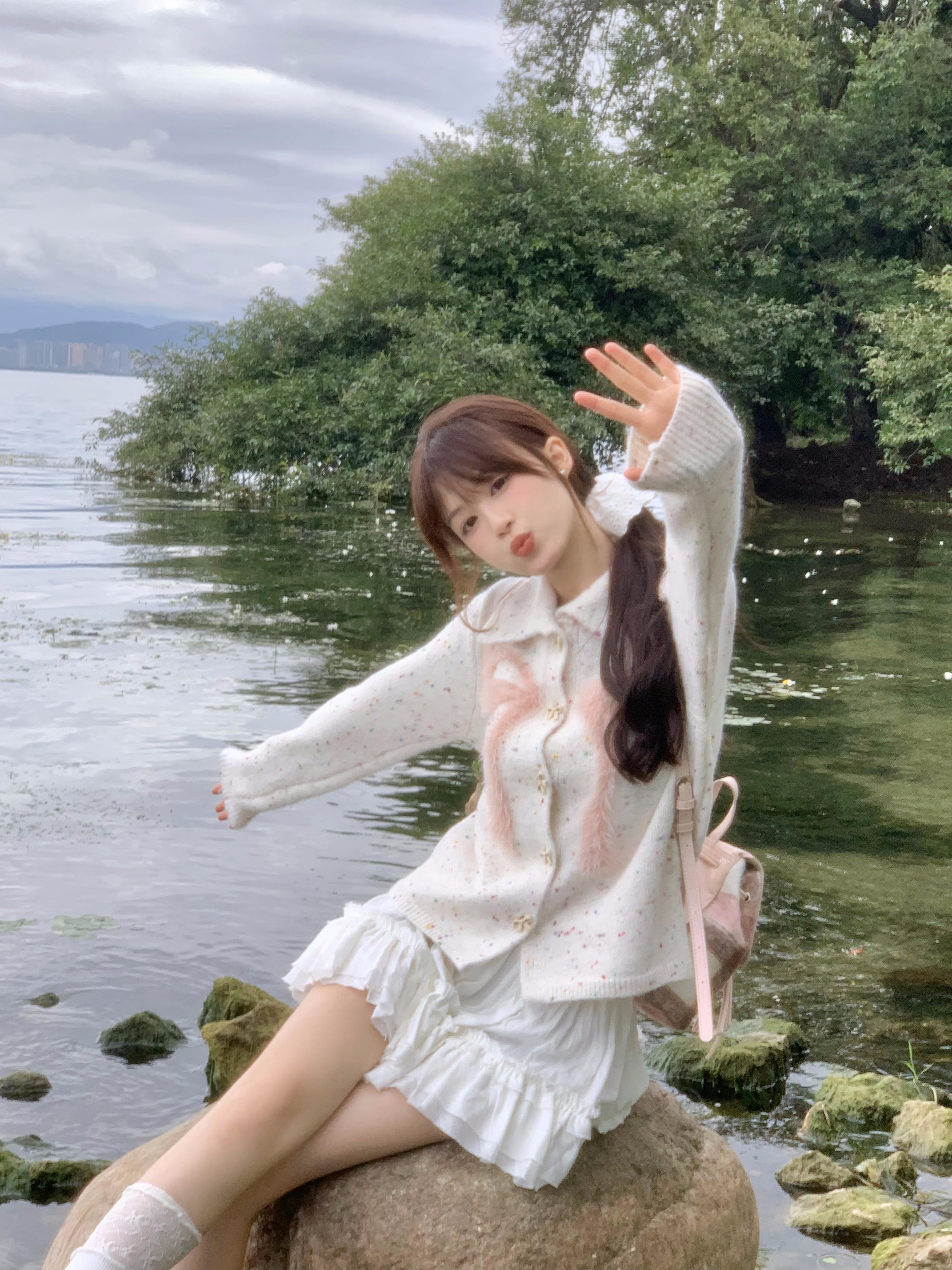 Butterfly Knot Rainbow Polka Dot Short Knitted Coat for Women, Large Lapel Autumn Cardigan, Cute Y2K Style Outerwear Butterfly Knot Rainbow Polka Dot Short Knitted Coat for Women, Large Lapel Autumn Cardigan, Cute Y2K Style Outerwear