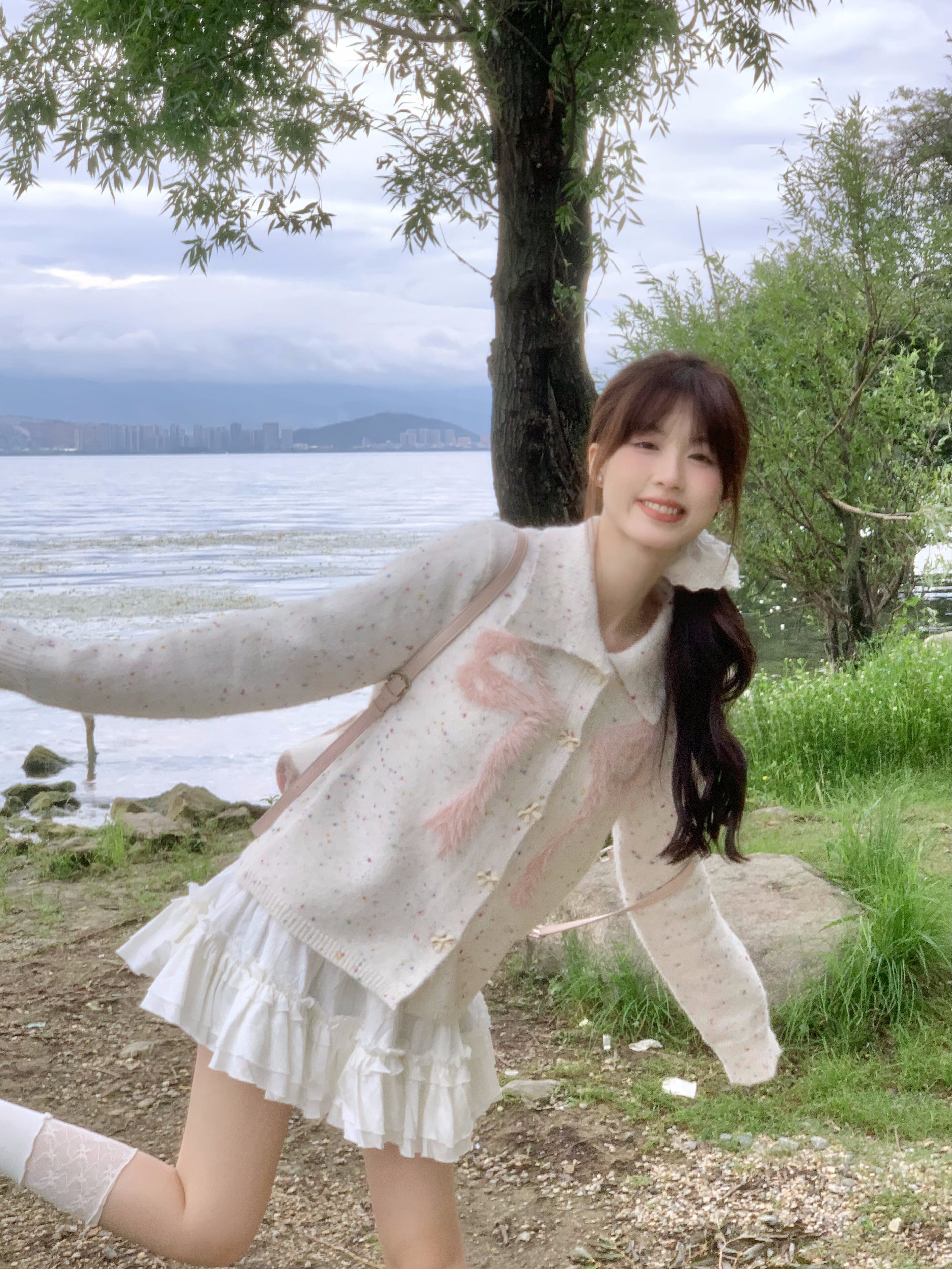 Butterfly Knot Rainbow Polka Dot Short Knitted Coat for Women, Large Lapel Autumn Cardigan, Cute Y2K Style Outerwear Butterfly Knot Rainbow Polka Dot Short Knitted Coat for Women, Large Lapel Autumn Cardigan, Cute Y2K Style Outerwear