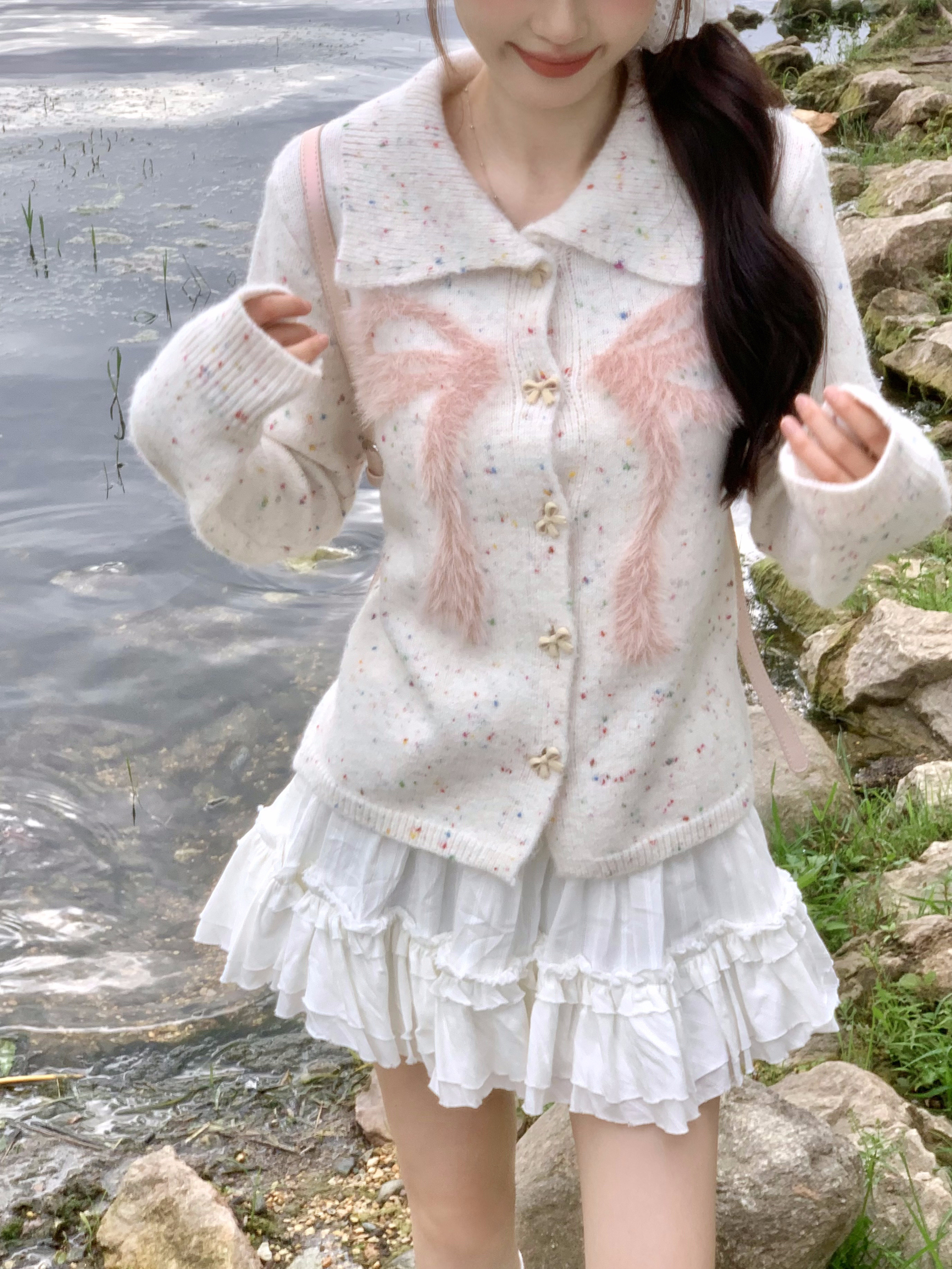 Butterfly Knot Rainbow Polka Dot Short Knitted Coat for Women, Large Lapel Autumn Cardigan, Cute Y2K Style Outerwear