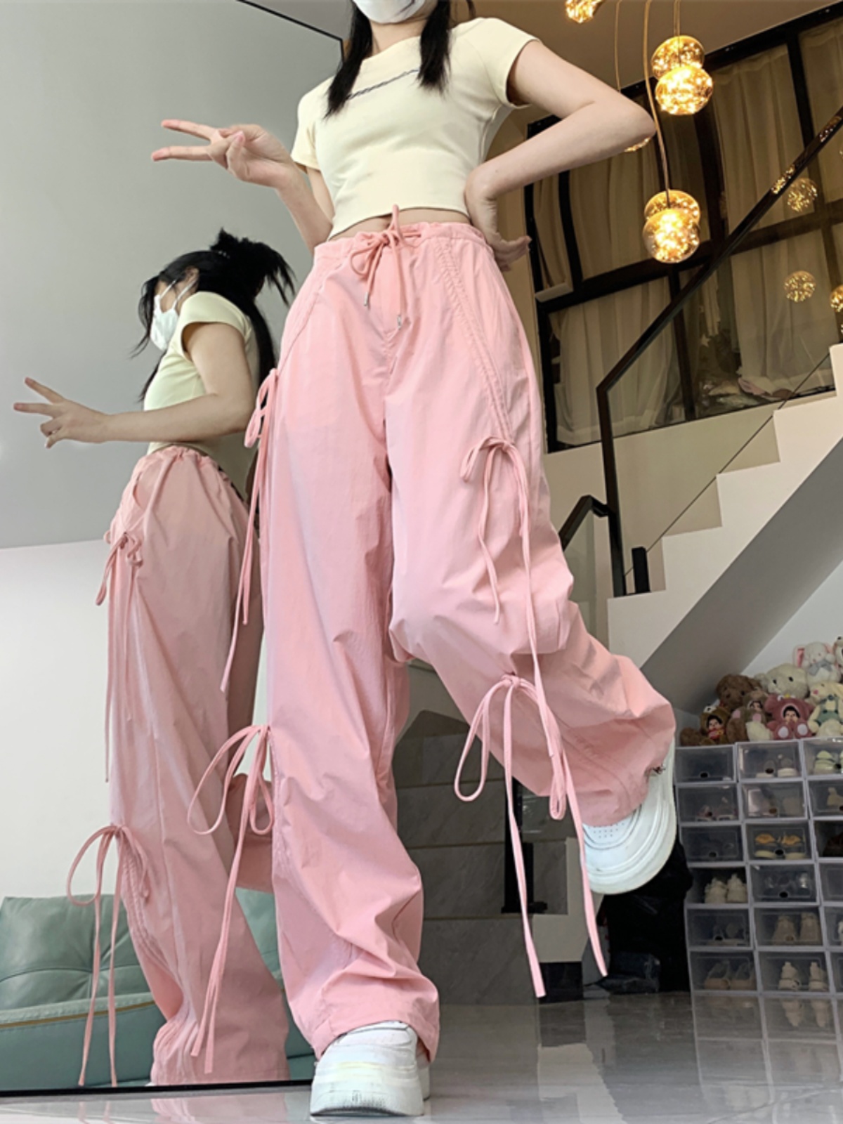 Butterfly Knot Strap Mint Mambo Cargo Pants for Women - Street Dance & Jazz Outfit, Perfect for Outings and Active Wear