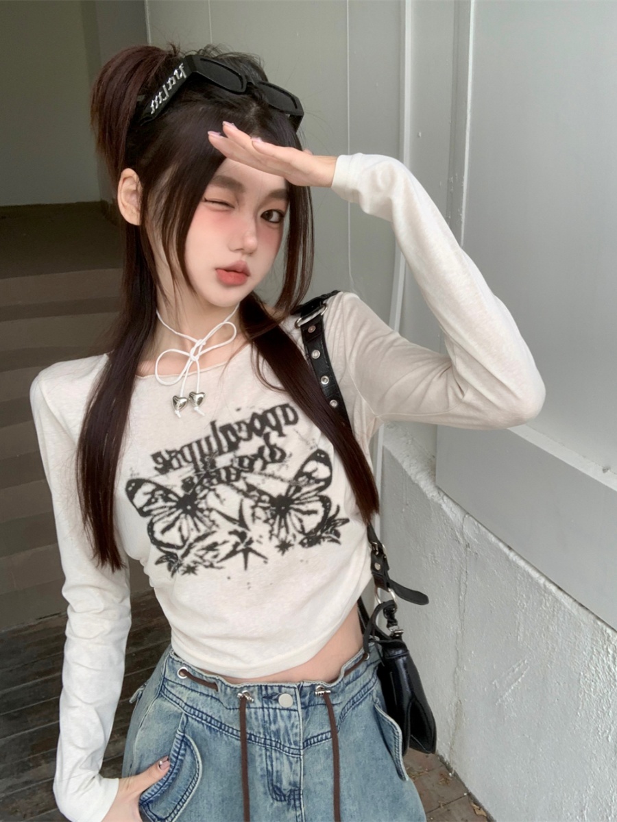 Butterfly Print Long Sleeve Jazz Top - Thin Sun Protection T-Shirt for Music Festival Outfits, Perfect for Girl Groups and 90s Style.