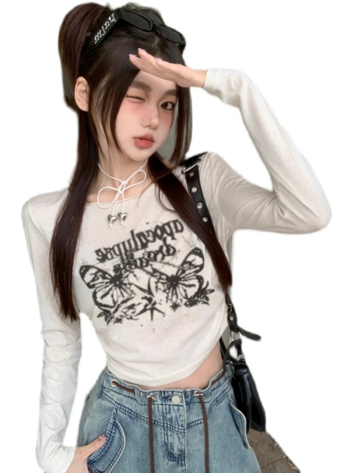 Butterfly Print Long Sleeve Jazz Top - Thin Sun Protection T-Shirt for Music Festival Outfits, Perfect for Girl Groups and 90s Style. Butterfly Print Long Sleeve Jazz Top - Thin Sun Protection T-Shirt for Music Festival Outfits, Perfect for Girl Groups and 90s Style.