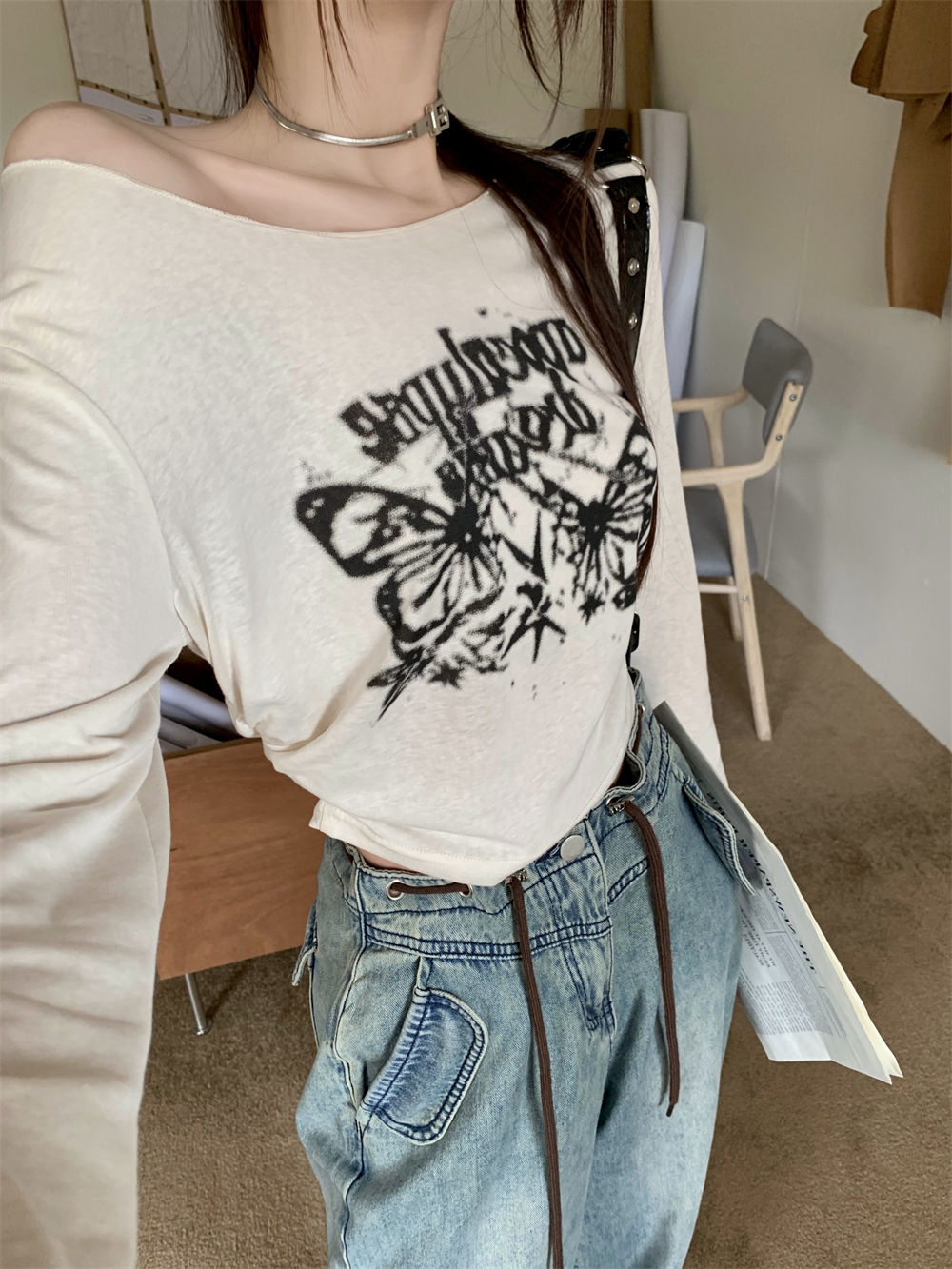Butterfly Print Long Sleeve Jazz Top - Thin Sun Protection T-Shirt for Music Festival Outfits, Perfect for Girl Groups and 90s Style.