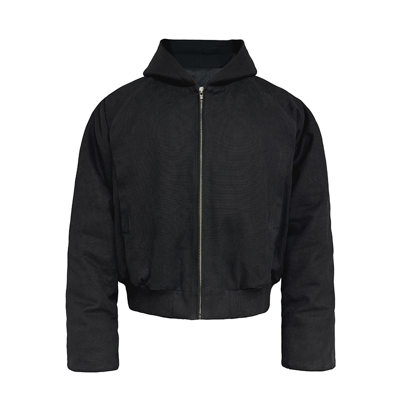 Canvas Ribbed Hooded Cotton Bomber Jacket in Snow-Like Pearl Finish - Stiff Silhouette for Trendy 90s Y2K Style