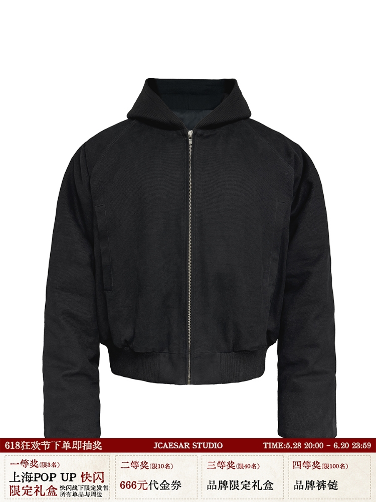 Canvas Ribbed Hooded Cotton Bomber Jacket in Snow-Like Pearl Finish - Stiff Silhouette for Trendy 90s Y2K Style