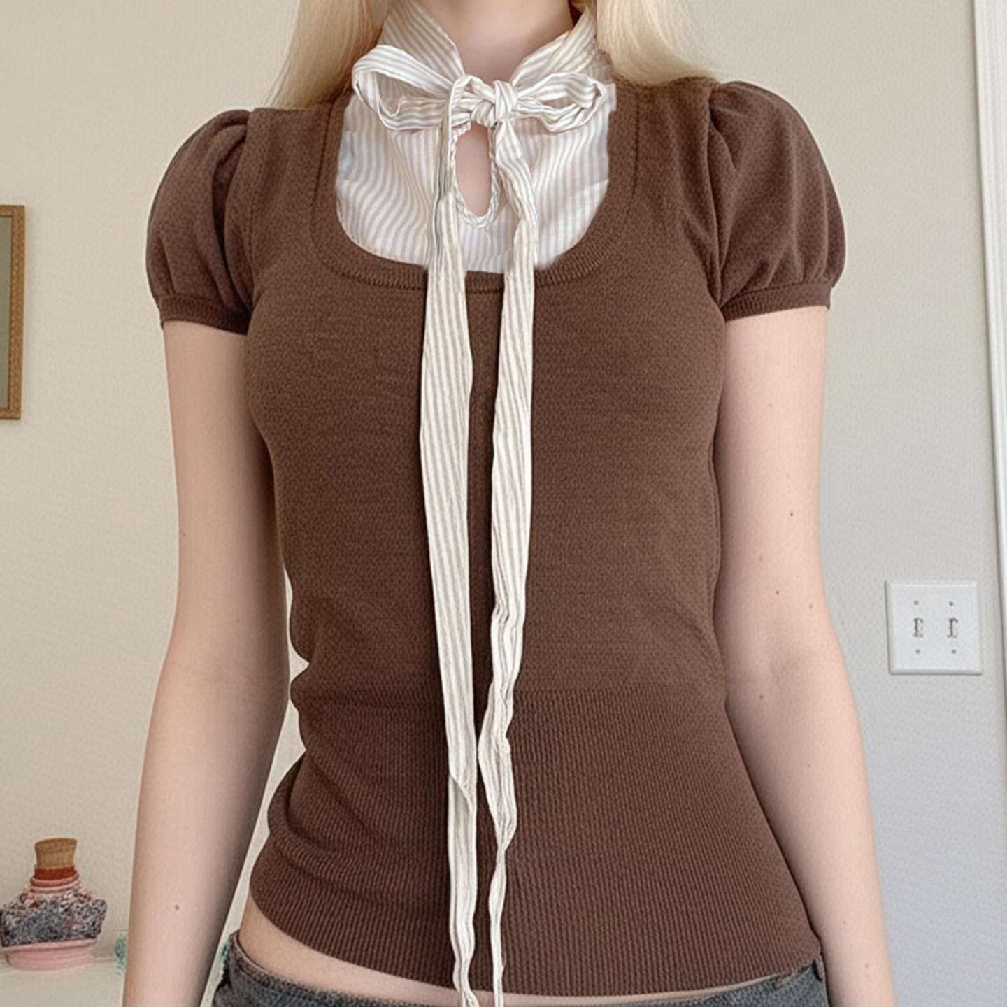 Cappuccino Japanese-style Cutie Tie Fake Two-Piece Striped Puff Sleeve Knitted T-shirt for Y2K and Korean Style Fashion Cappuccino Japanese-style Cutie Tie Fake Two-Piece Striped Puff Sleeve Knitted T-shirt for Y2K and Korean Style Fashion