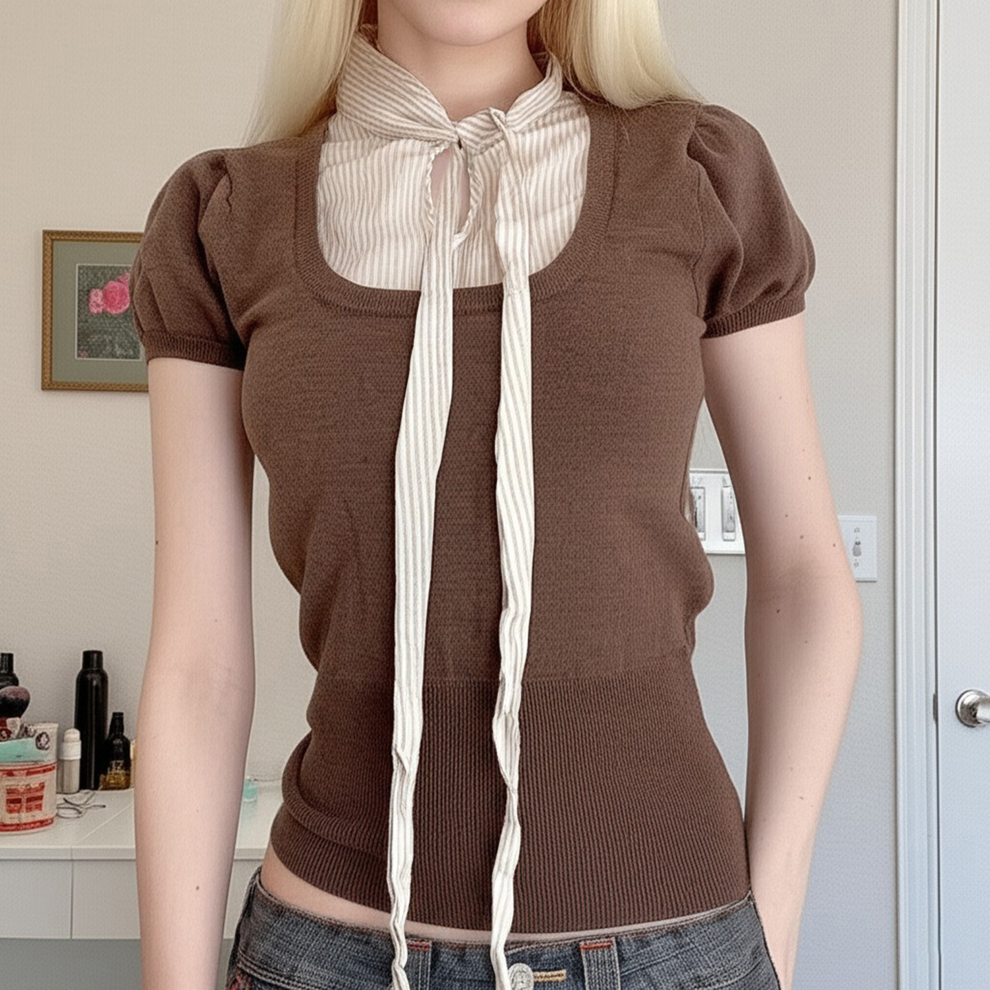 Cappuccino Japanese-style Cutie Tie Fake Two-Piece Striped Puff Sleeve Knitted T-shirt for Y2K and Korean Style Fashion