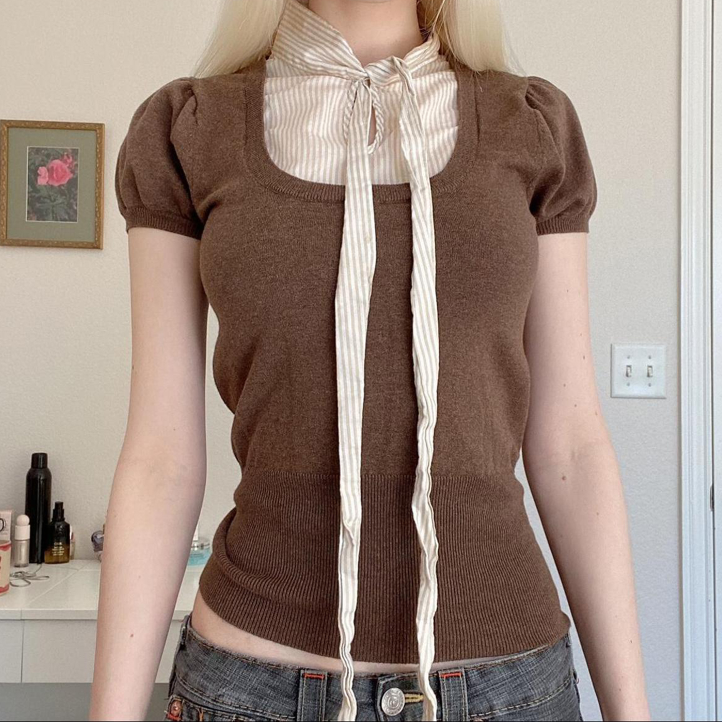 Cappuccino Japanese-style Cutie Tie Fake Two-Piece Striped Puff Sleeve Knitted T-shirt for Y2K and Korean Style Fashion