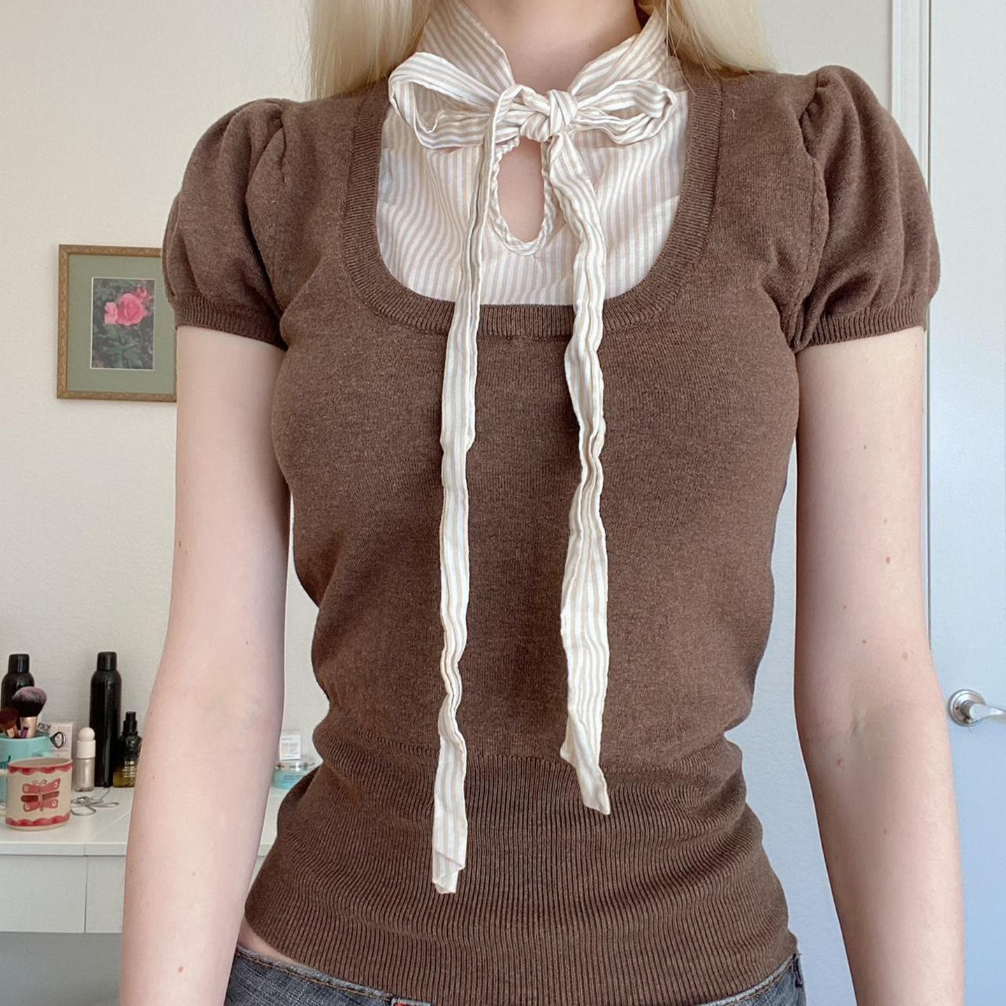 Cappuccino Japanese-style Cutie Tie Fake Two-Piece Striped Puff Sleeve Knitted T-shirt for Y2K and Korean Style Fashion Cappuccino Japanese-style Cutie Tie Fake Two-Piece Striped Puff Sleeve Knitted T-shirt for Y2K and Korean Style Fashion