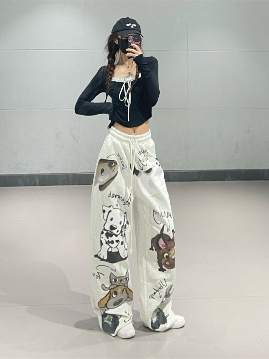 Cartoon Print Wide-Leg Long Pants for Girls - Casual Straight-Leg Sports Trousers for Spring and Autumn, Y2K Style Cartoon Print Wide-Leg Long Pants for Girls - Casual Straight-Leg Sports Trousers for Spring and Autumn, Y2K Style
