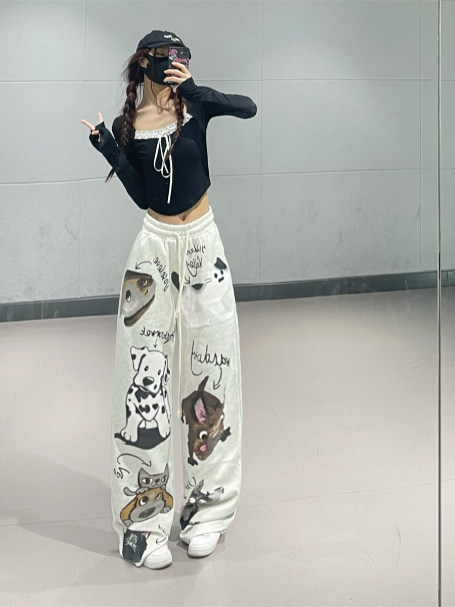 Cartoon Print Wide-Leg Long Pants for Girls - Casual Straight-Leg Sports Trousers for Spring and Autumn, Y2K Style Cartoon Print Wide-Leg Long Pants for Girls - Casual Straight-Leg Sports Trousers for Spring and Autumn, Y2K Style