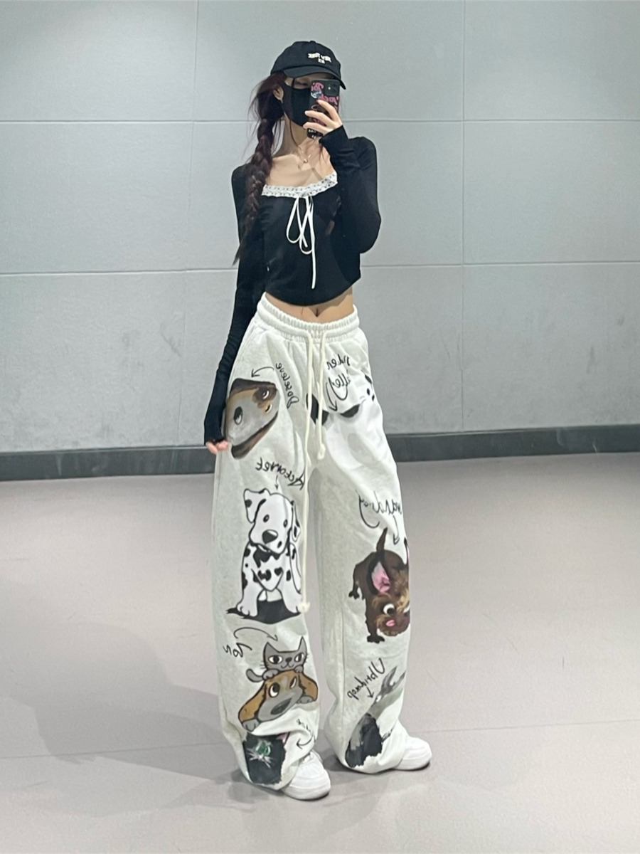 Cartoon Print Wide-Leg Long Pants for Girls - Casual Straight-Leg Sports Trousers for Spring and Autumn, Y2K Style