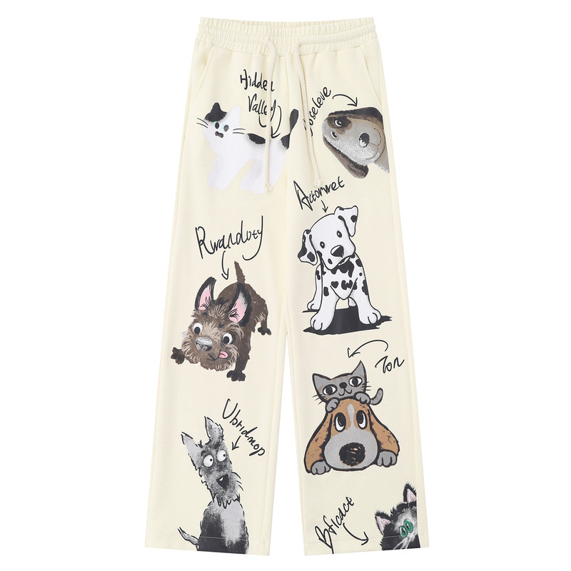 Cartoon Print Wide-Leg Long Pants for Girls - Casual Straight-Leg Sports Trousers for Spring and Autumn, Y2K Style Cartoon Print Wide-Leg Long Pants for Girls - Casual Straight-Leg Sports Trousers for Spring and Autumn, Y2K Style