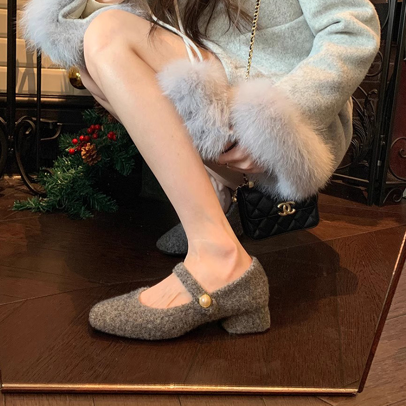 Cashmere Pearl Square Toe Fur Strap Mary Jane Shoes - Plush Cotton Thick-Heeled Loafers for Women, Autumn Winter Fashion