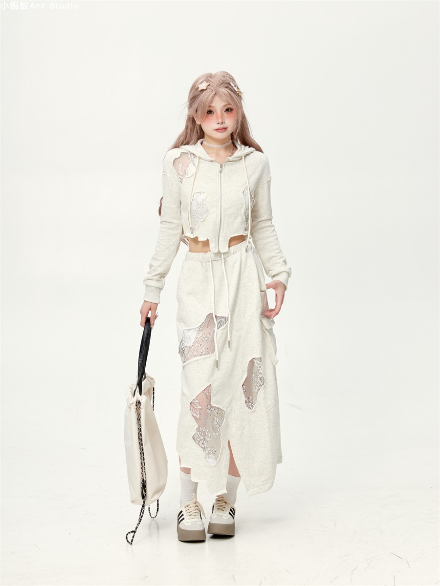 Casual Irregular Lace Patchwork Ripped Short Hooded Jacket & Cropped Skirt Two-Piece Set for Women - Slim Fit Y2K Style