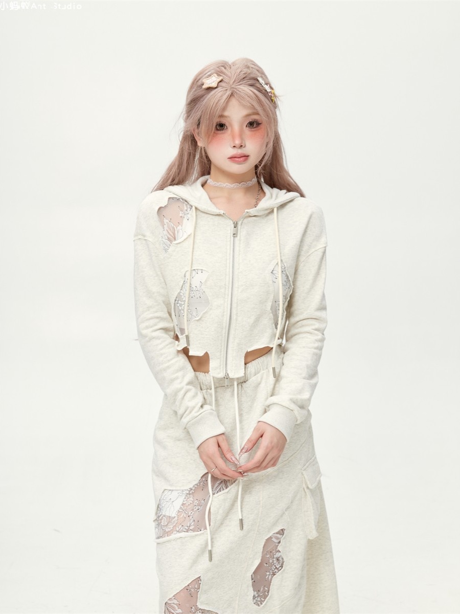 Casual Irregular Lace Patchwork Ripped Short Hooded Jacket & Cropped Skirt Two-Piece Set for Women - Slim Fit Y2K Style